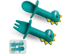 Juego De Cuchara Y Tenedor De Silicona Para Bebés Que Aprenden A Comer Solos, Con Barrera Antiatragantamiento (verde)