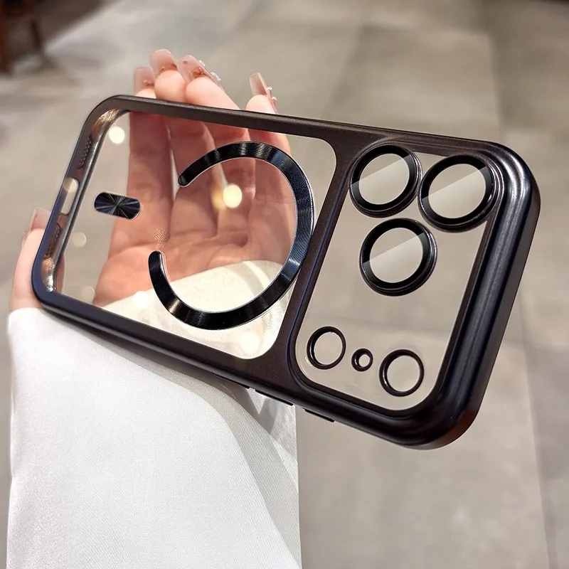 (iphone 17 Negro) Funda Magnética Transparente De Lujo Con Acabado Galvanizado Para Iphone, Compatible Con Carga Por Cable.