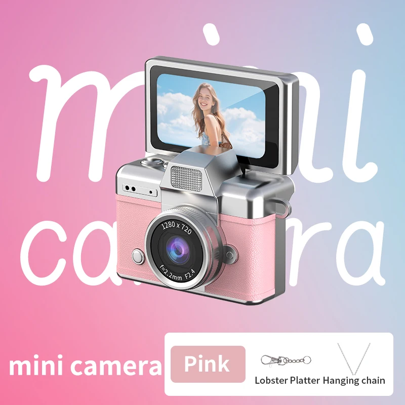 (la Versión Rosa Utiliza Una Tarjeta De 64 Gb) Mini Cámara Ccd, Pantalla Abatible De 180°, Diseño Con Correa Para El Cuello, Cámara De Acción De Estilo Retro.