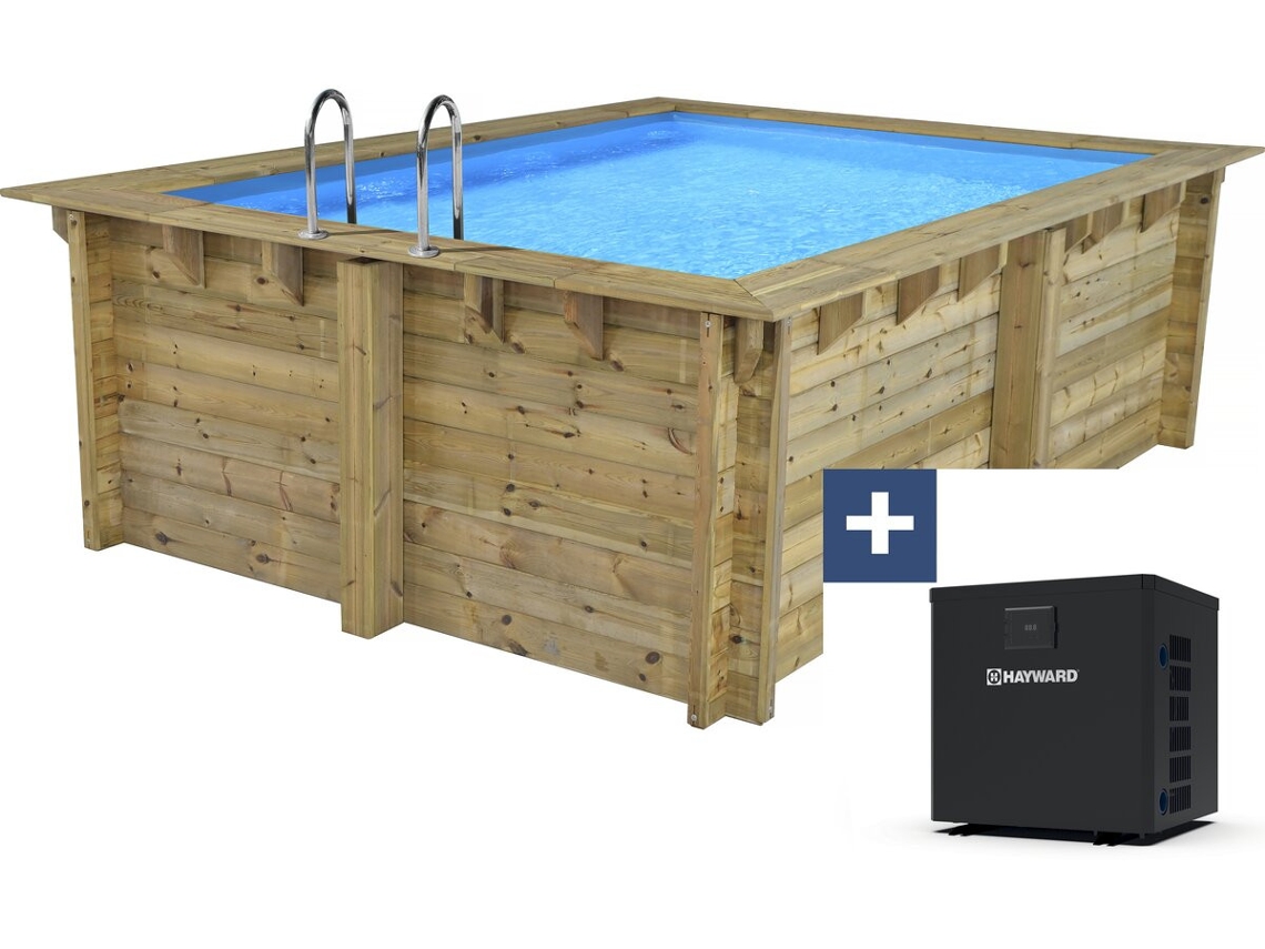 Piscina Rectangular de Madera Caïmans 140 4,10 x 3,00 x 1,39 M Mini Bomba de Calor 3,5 Kw Metal Gris Hábitat y Jardín