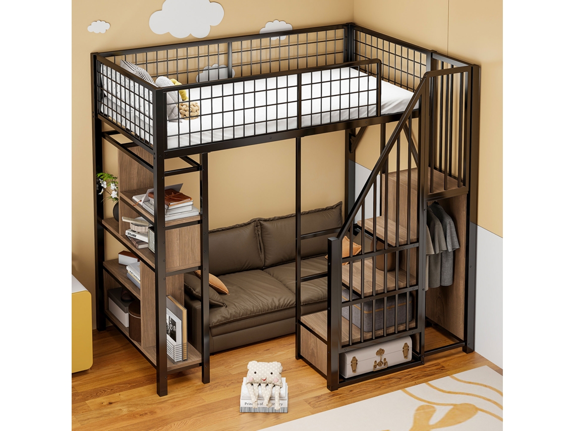 Cama Alta De Metal De 90x200 Con Estantes Y Escalera.