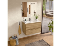 Mueble de lavabo con lavabo de cerámica y espejo, mueble de lavabo con 2 cajones, 80 x 55 x 46 cm, acabado Roble Bellobath.