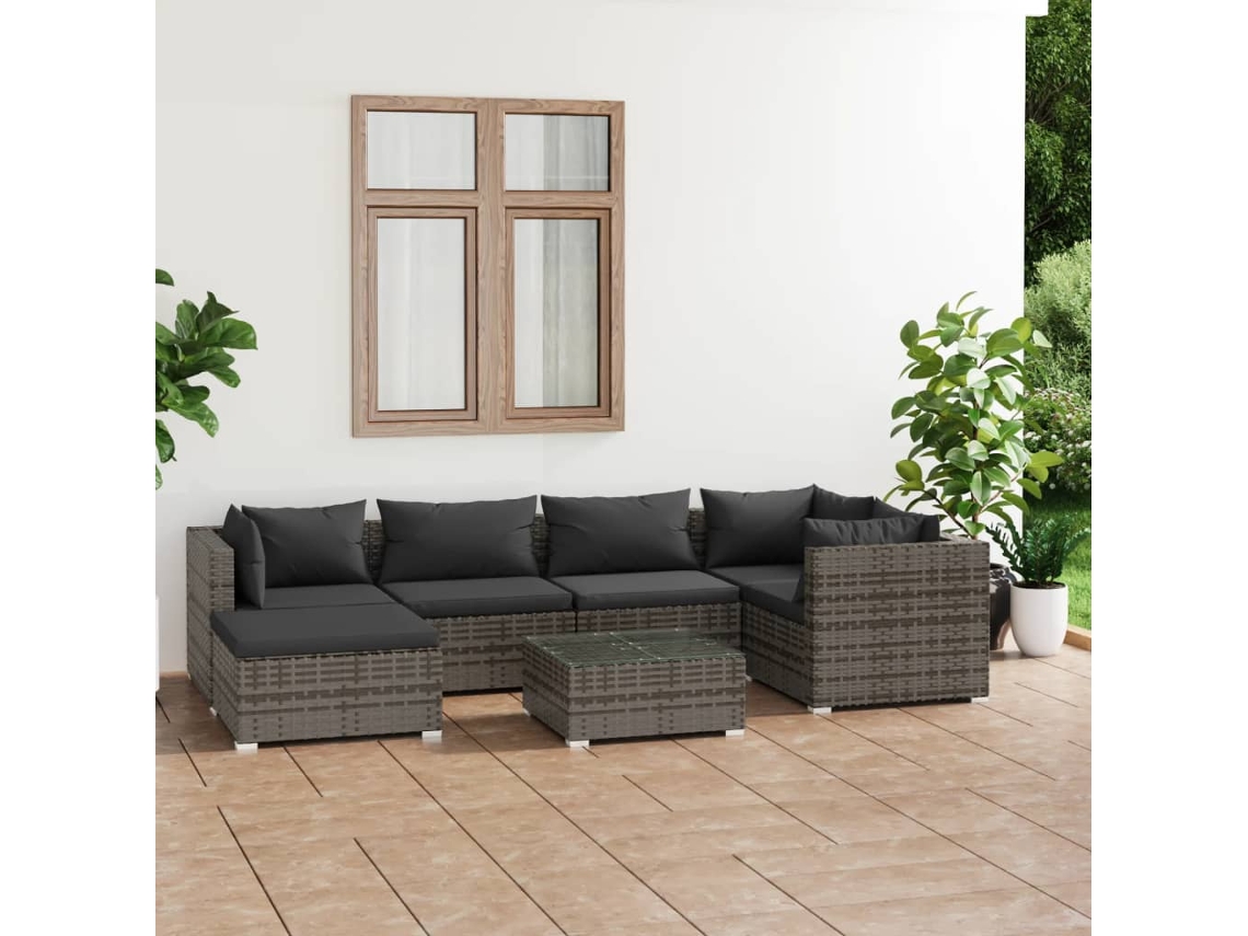 Conjunto de jardín de 7 piezas con cojines, ratán gris, DKD Home Decor