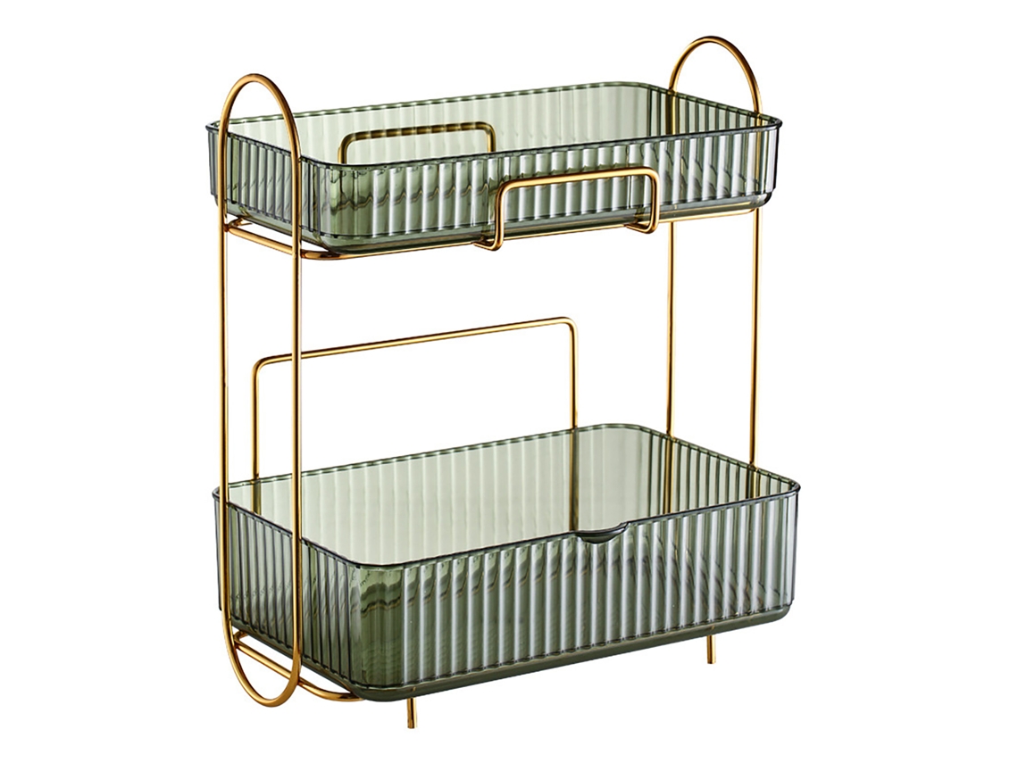 Organizador De Maquillaje De Dos Niveles Para Encimera De Baño Con Gran Capacidad Y Estante - Verde