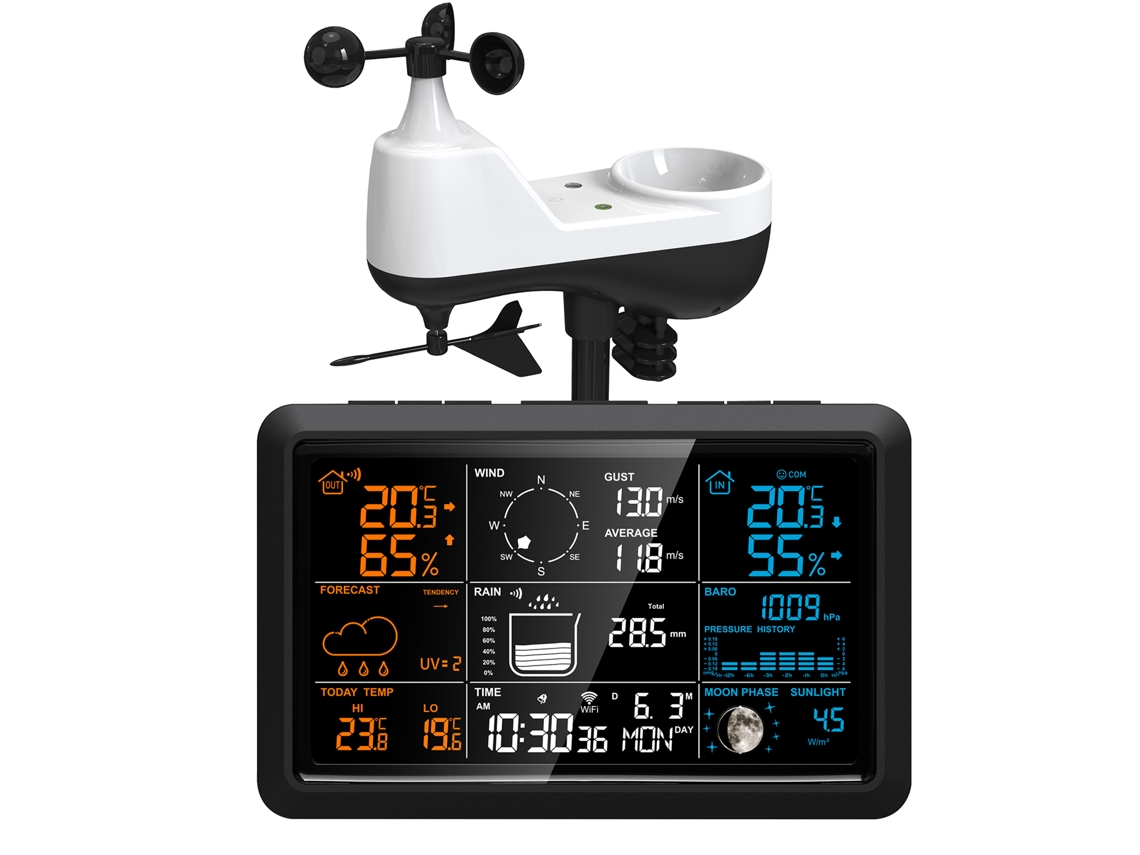 Estación meteorológica con pluviómetro y anemómetro, inalámbrica, para interiores y exteriores, 5 en 1, pronóstico del tiempo digital, humedad, fase lunar, luz solar y temperatura.