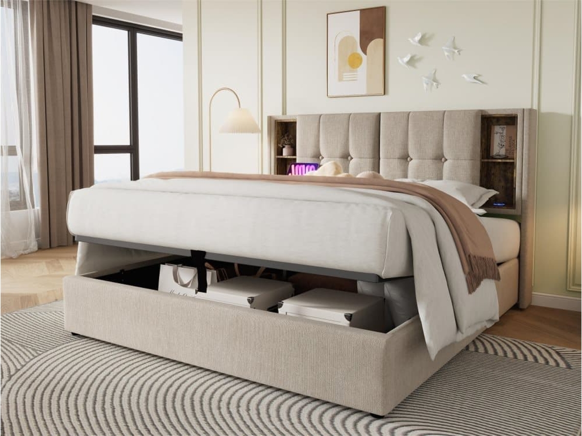 Cama Canapé Tapizada 140x200 Cm - Con Carga Inalámbrica Y Cabezal De Almacenamiento - Tela De Lino - Beige