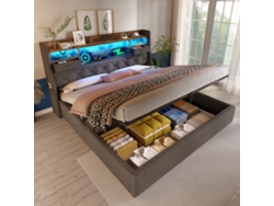 Cama Estofada 160x200 Cm Com Arrumação Hidráulica, Cabeceira Led E Usb/tipo-c, Linho Cinzento (sem Colchão)
