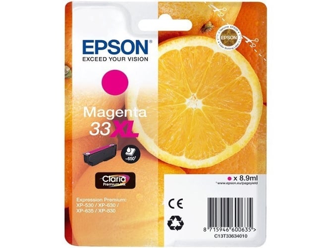 Cartucho de tinta original EPSON, 33, Naranjas 8,9 ml , Magenta, Alta, XL, C13T33634012, T3363