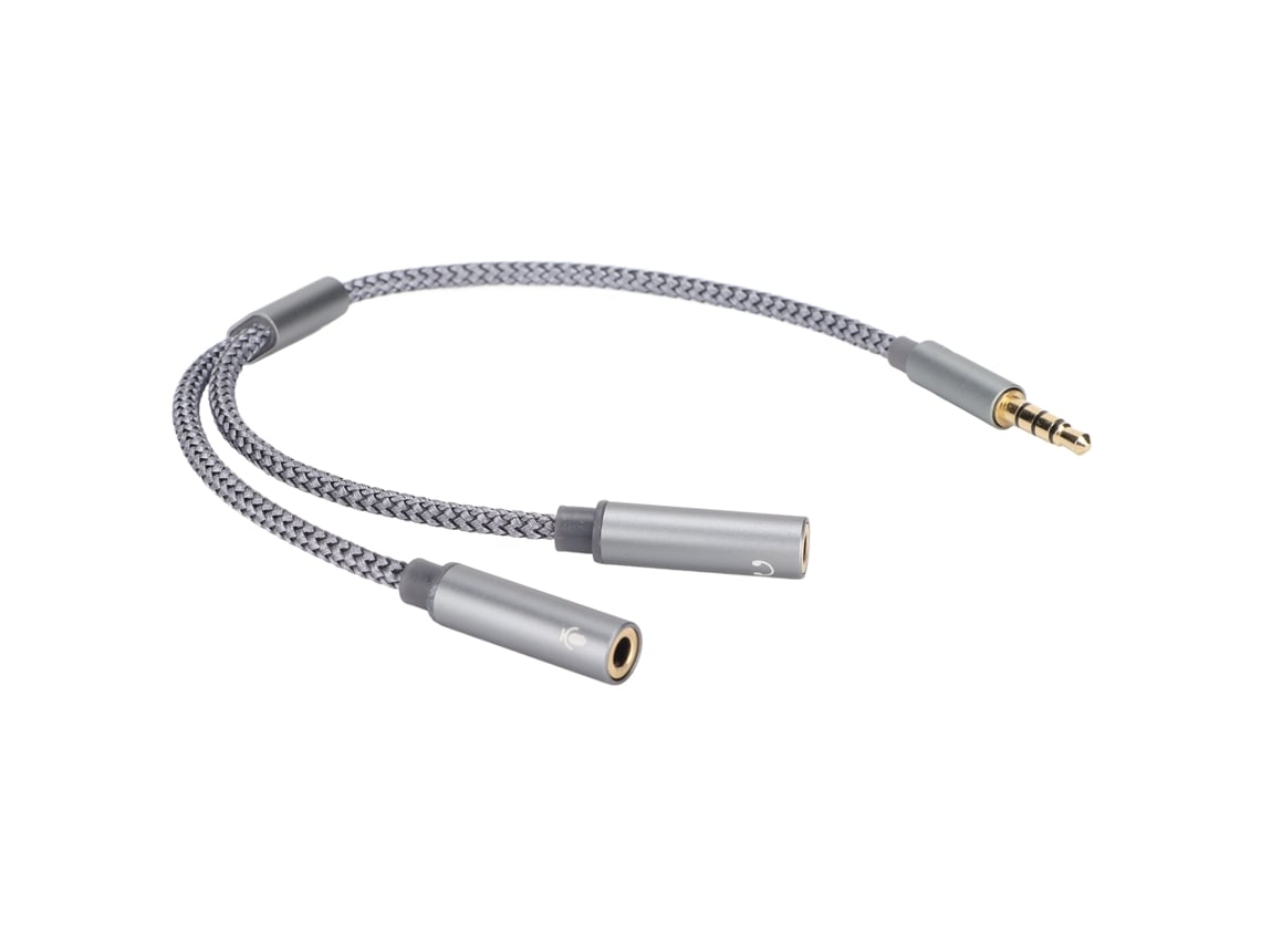 Cabo extensor para fones de ouvido com 4 polos, conector macho dourado para duas entradas femininas e divisor de 3,5 mm.