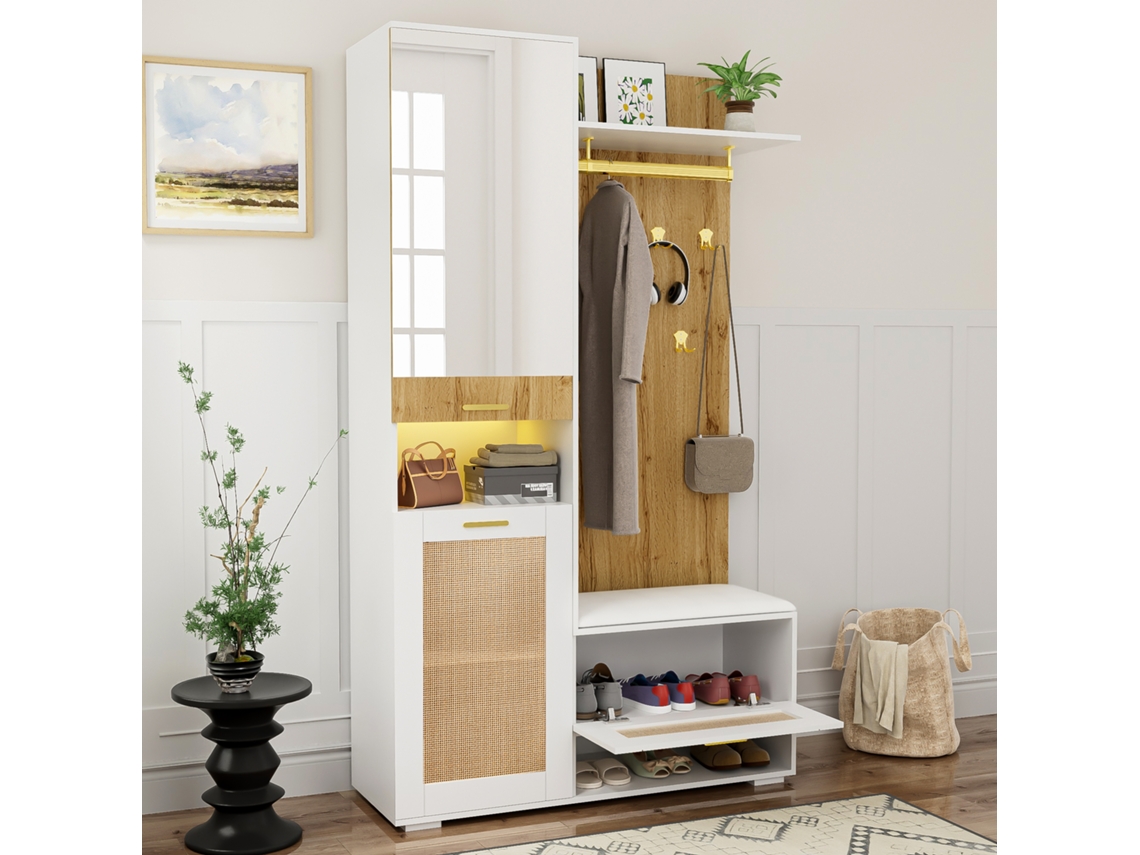 Armario 110x38x190 cm con LED, Espejo, 5 Perchas, Banco Zapatero, Estilo Natural y Blanco