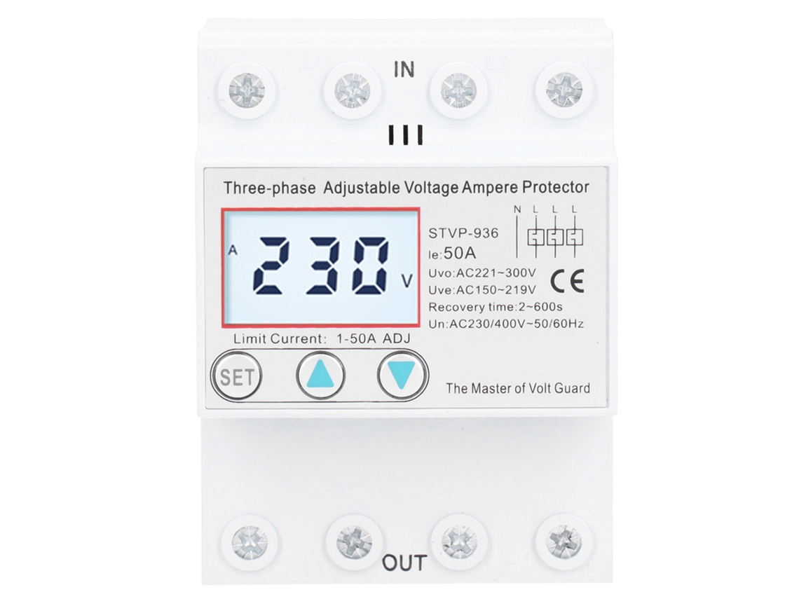 Protector De Voltaje Ajustable Trifásico Lcd Autoresetable Multifuncional Stvp936 230v 400v Ac 50a