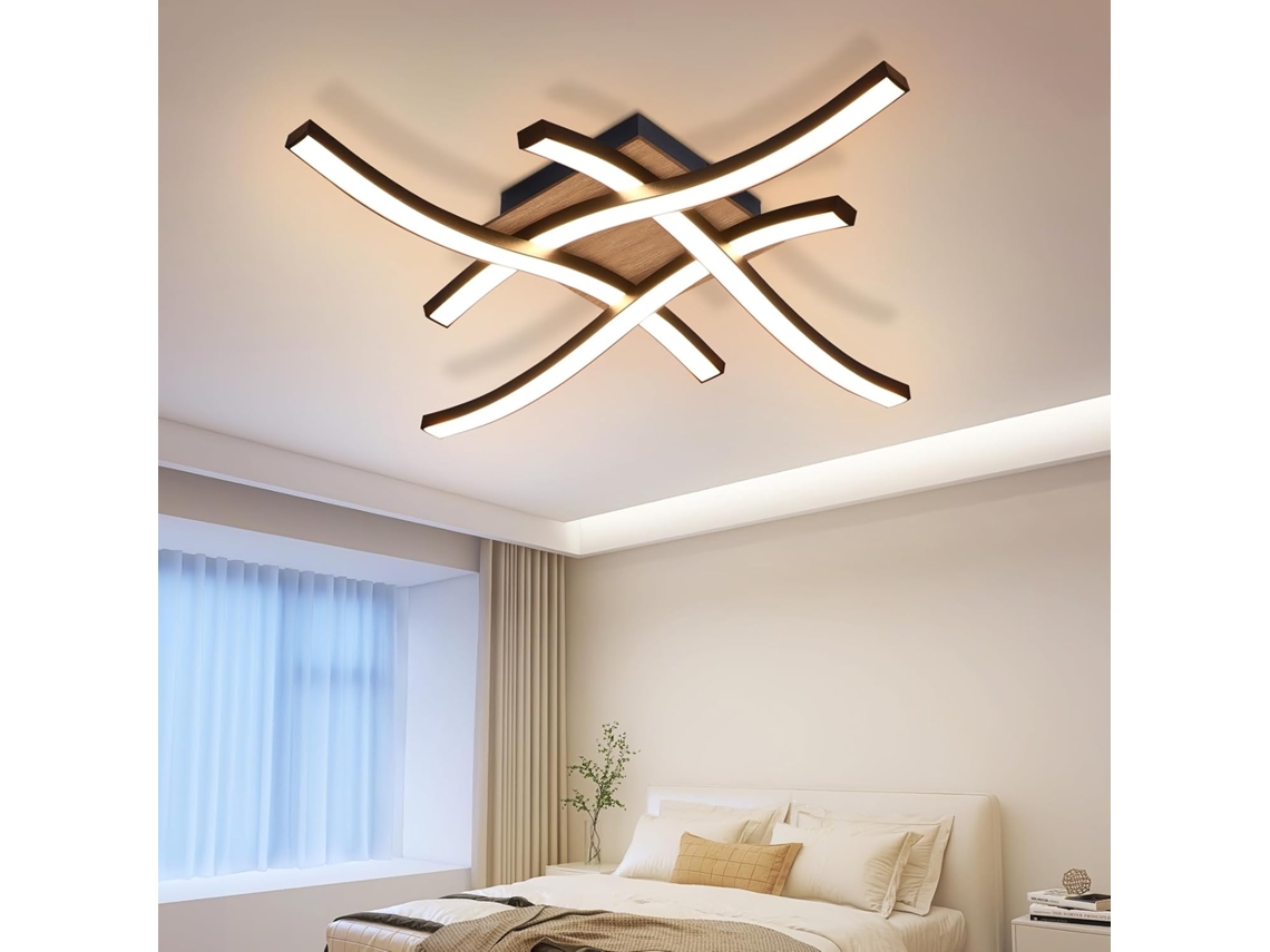 Lámpara de techo LED de 24 W, madera, 3000 K, blanco cálido, diseño moderno, metal negro, Nettlife