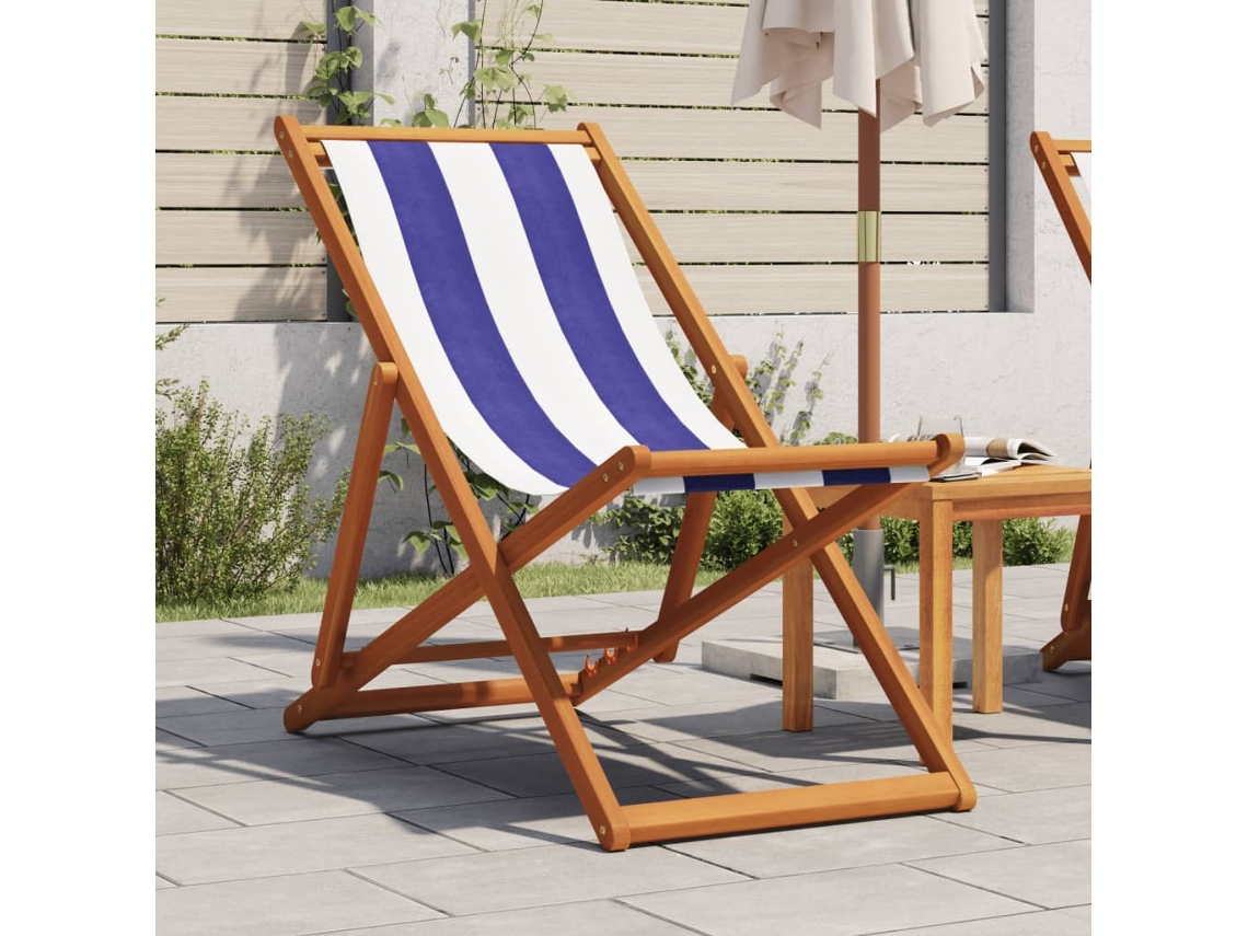 Silla de playa plegable DKD Home Decor de madera maciza de eucalipto y tela azul y blanca