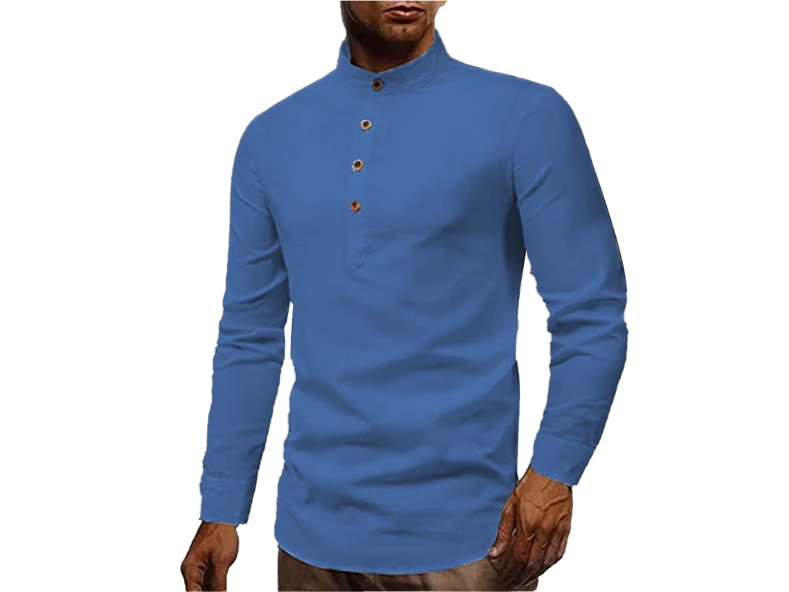 Camisa De Vestir De Manga Larga Para Hombre Con Cuello Alto, Corte Ajustado, Medio Botón, Azul Oscuro, Xxxl