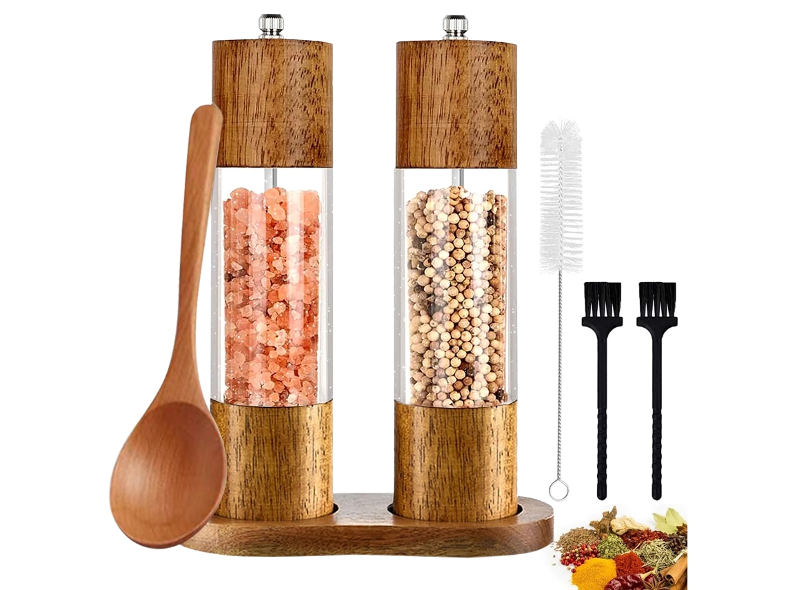 Juego de molinillo de sal y pimienta de madera, molinillo manual con molienda de cerámica, soporte para molinillo, cuchara y cepillo de limpieza.