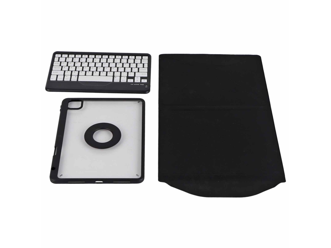 Funda para tableta con teclado magnético vertical, cubierta transparente, desmontable y acabado en dorado claro y negro.