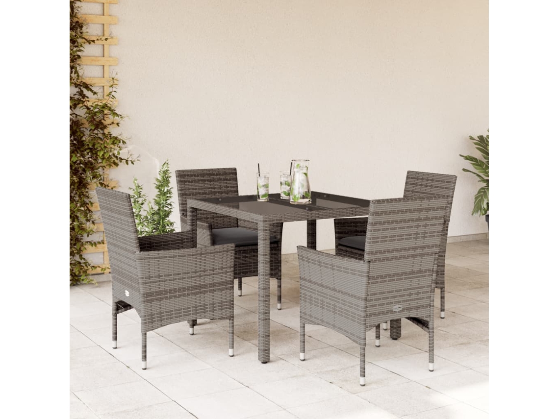 Juego de comedor de jardín de 5 piezas con cojines de mimbre gris de polietileno y vidrio, DKD Home Decor
