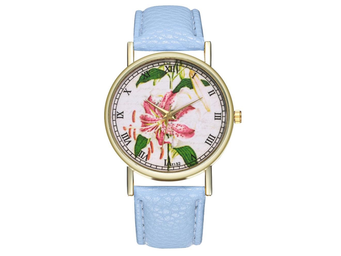 Reloj De Pulsera Analógico Para Mujer Con Correa De Poliuretano Y Esfera Floral Azul Claro.