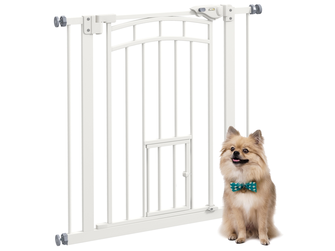 Puerta de seguridad para perros Yaku de acero negro, cierre automático, no requiere perforación, 74-80 cm
