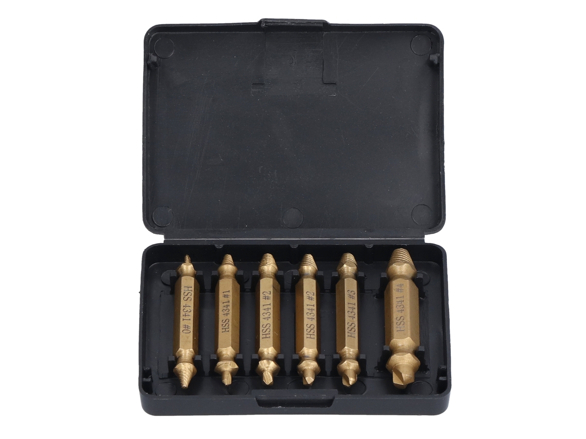 Kit De 6 Extractores De Tornillos Rotos De Acero De Alta Velocidad Con Revestimiento De Titanio Y Dos Puntas.