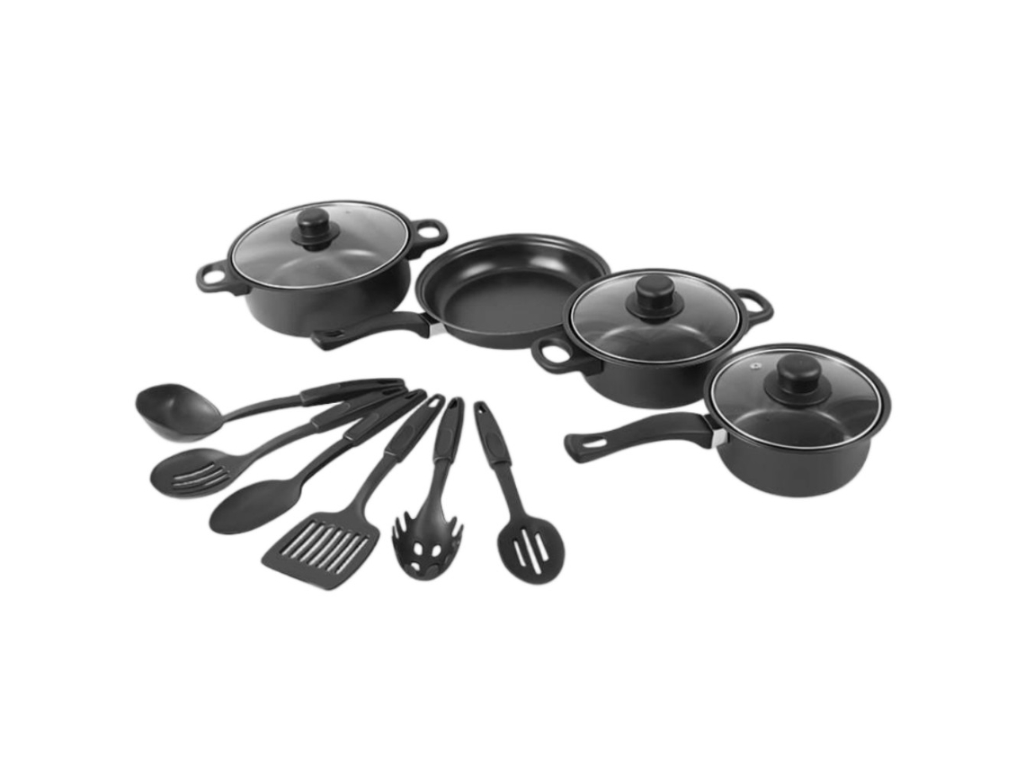 Juego de utensilios de cocina de 13 piezas, que incluye una sartén antiadherente negra, una cacerola y una sartén honda. Tienda de PAPRIKA