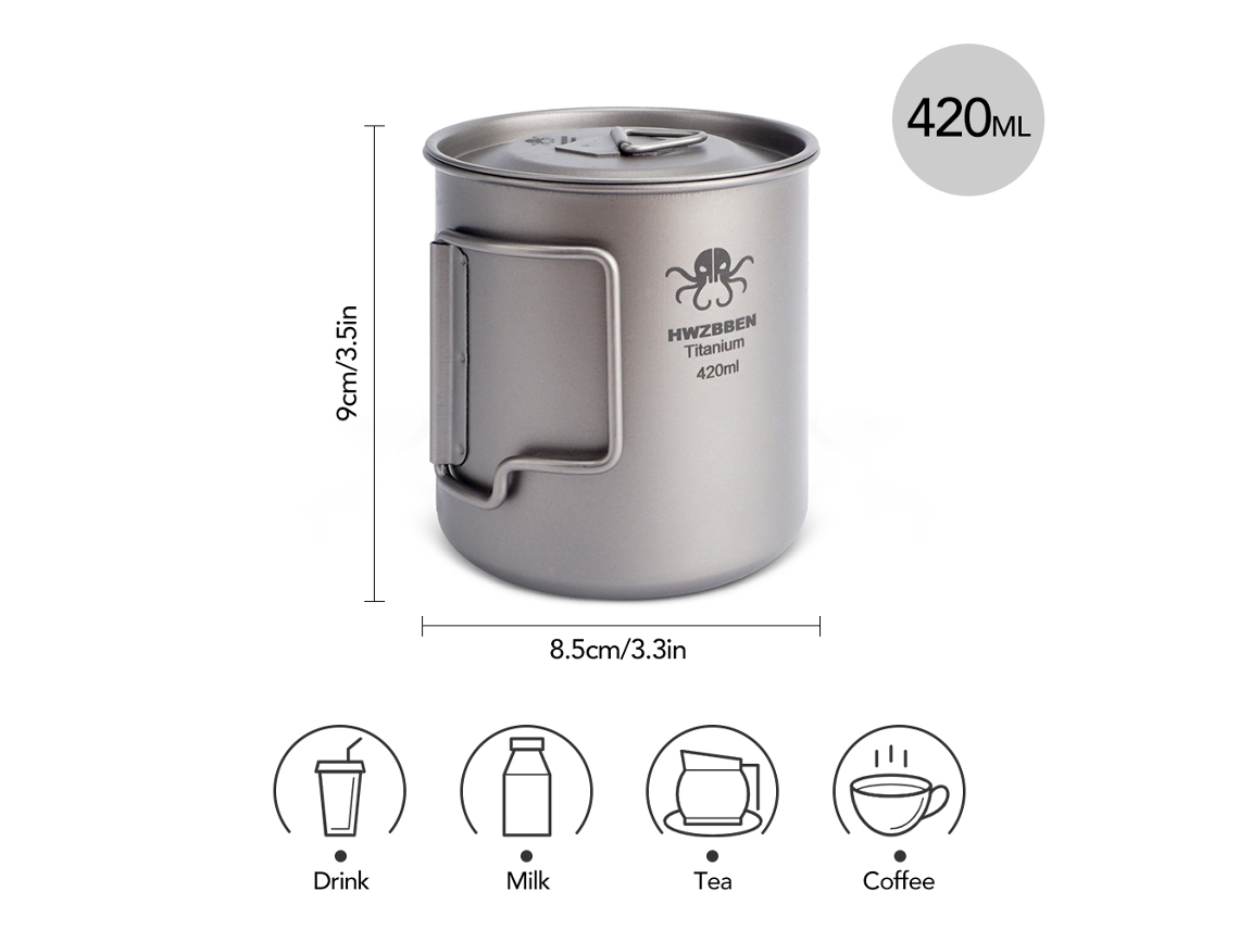 Taza De Titanio De 420 Ml Con Asa Plegable, Ligera Para Acampar, Hacer Senderismo Y Pescar.