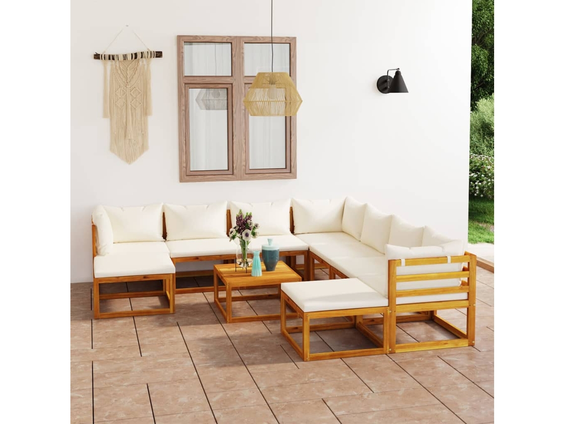 Conjunto de jardín de 11 piezas con cojines, acacia maciza y crema, DKD Home Decor