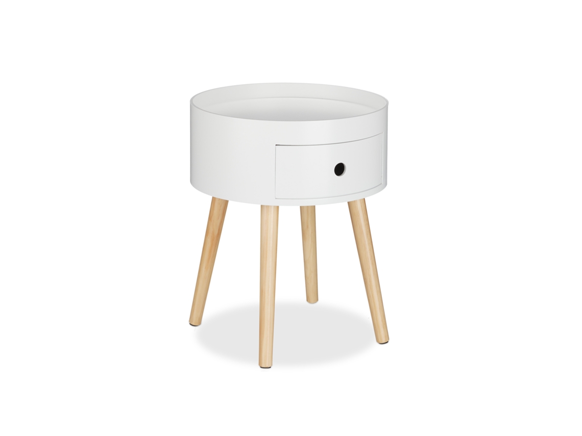 Mesa De Apoio Relaxdays Redonda, Gaveta, Pernas De Madeira, Design Escandinavo, Minimalista, 46 X 38 Cm, Branco/natural