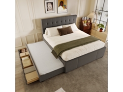 Cama Tapizada 140x200 Cm Con Cama Extra 90x190 Cm - En Tejido De Lino - Con 3 Cajones Y Somier De Láminas - Gris