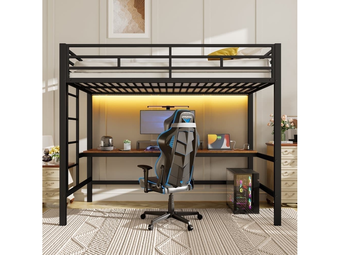 Cama Alta 90x200 Cm, Barandilla, Escalera, Mesa, Usb, Enchufe, Led App, Norma En747, Negro