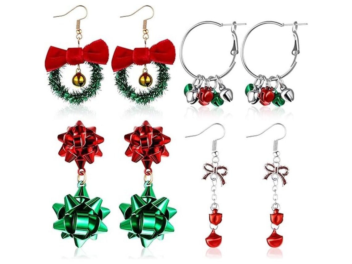 Conjunto De 4 Pares De Pendientes Colgantes Navideños Con Forma De Campana Y Árbol De Navidad Para Mujeres Y Niñas.