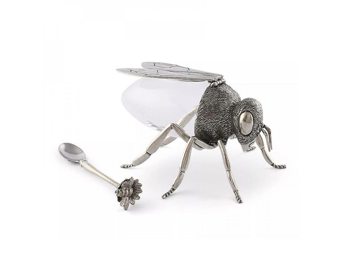 2026-13923-tarro De Miel Con Diseño De Abeja De Metal Y Vidrio Para Almacenamiento Y Decoración 1 Pieza Plata