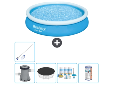Piscina hinchable redonda Fast Set BESTWAY - 366 x 76 cm - Azul - Bomba incluida Cubrir - Paquete de mantenimiento - Filtrar - kit de limpieza