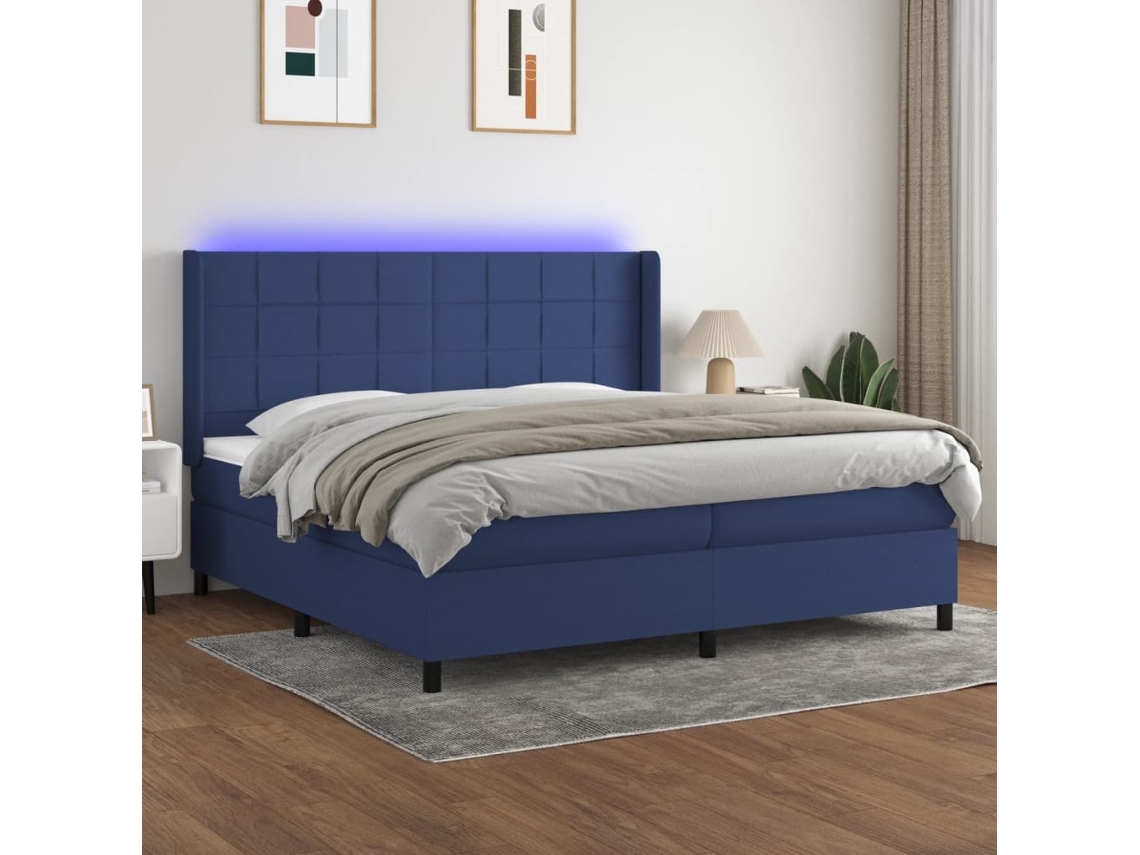 Cama Box Spring Colchón Y Luces Led Tela Azul 200x200 Cm