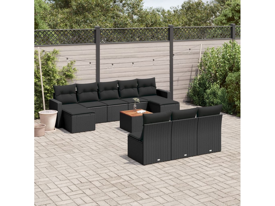 Conjunto de sofá de jardín de 11 piezas con cojines de mimbre sintético negro de DKD Home Decor