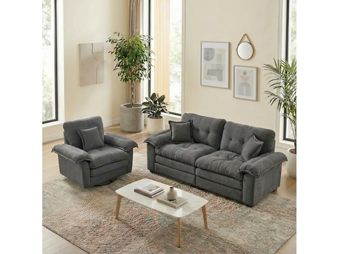 Sofá 2 Plazas + 1 Plaza - Chenilla, Doble Acolchado, Cojines Decorativos - Gris
