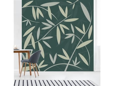 Mural de Pared PLAGE Murales Papel Manchado Hojas de Bambú Verde Claro sobre Fondo Verde Oscuro 250 cm X 250 cm
