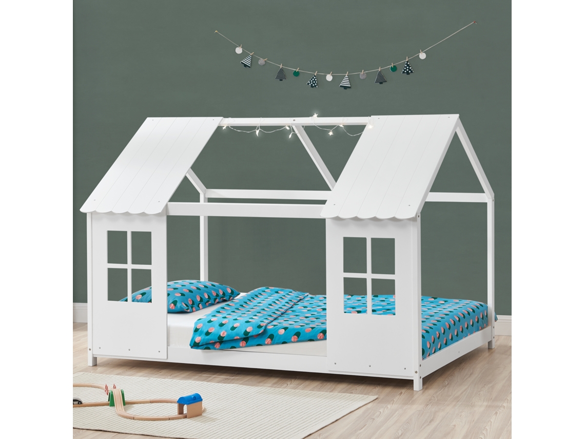 Cama para niños Tostedt en forma de casa con ventanas pino 90 x 200 cm - Blanco [EN.CASA]