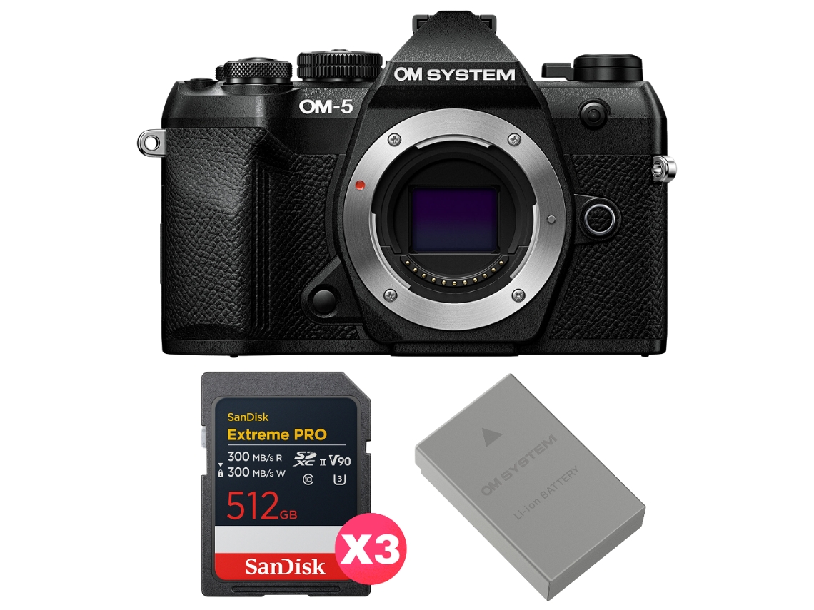 Om System Om-5 Mark Ii Negro + 3 Sandisk 512gb Extreme Pro Uhs-ii Sdxc + Om System Bls-50 + Ebook “20 Consejos Para Fotos Que Impactan”