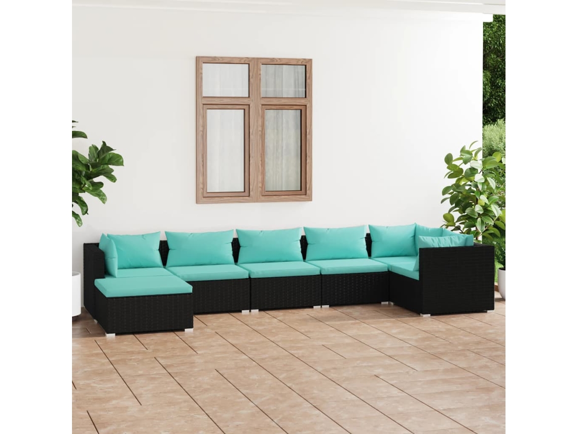 Conjunto de jardín de 7 piezas con cojines, mimbre sintético negro, DKD Home Decor