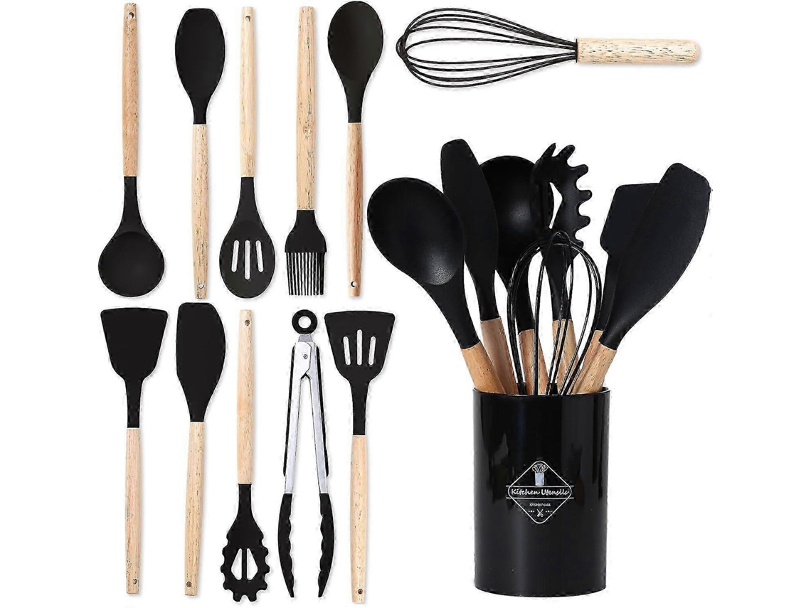 Juego de 12 utensilios de cocina de silicona negra con mangos de madera, modelo 2025. Nostalgia88