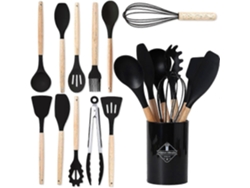 Juego de 12 utensilios de cocina de silicona negra con mangos de madera, modelo 2025. Nostalgia88