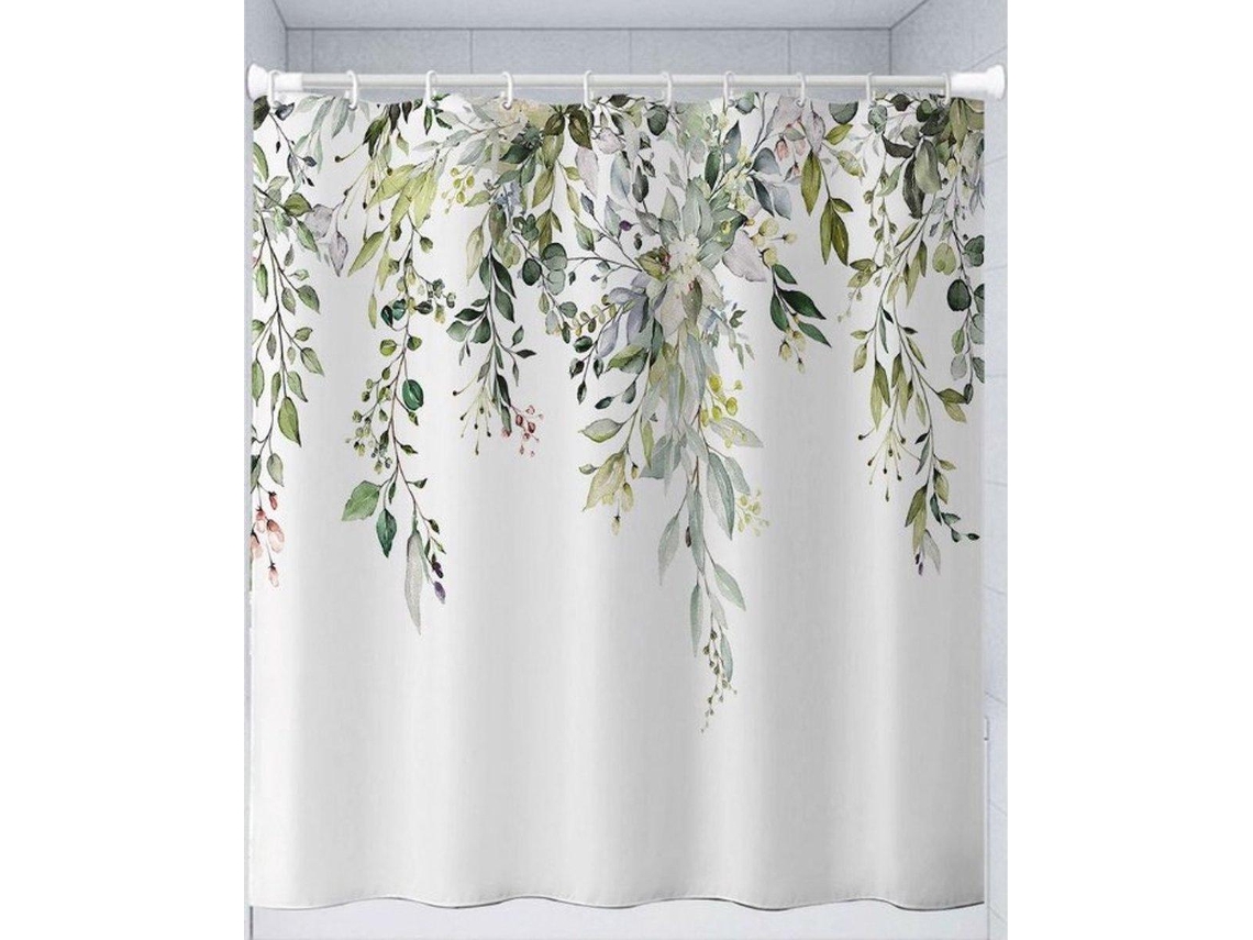 Cortina de ducha 180x180 cm Hojas y flores verdes de eucalipto en acuarela Poliéster con ganchos Resistente al moho MDUG
