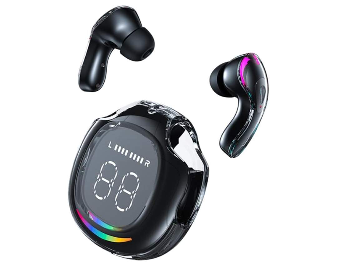 Auriculares inalámbricos Bluetooth 5.3 con estuche de carga inalámbrica, indicador LED de energía, control táctil y micrófono.