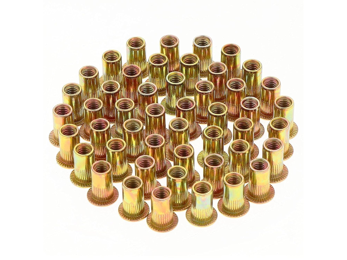 Kit de tuercas remachables resistentes a la corrosión M5, insertos roscados de acero al carbono galvanizados con cabeza plana y rosca profunda para una fijación confiable.