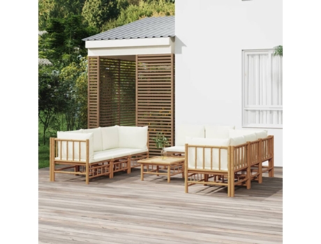 Conjunto 9 de muebles de jardín VIDAXL bambú y cojines blanco crema