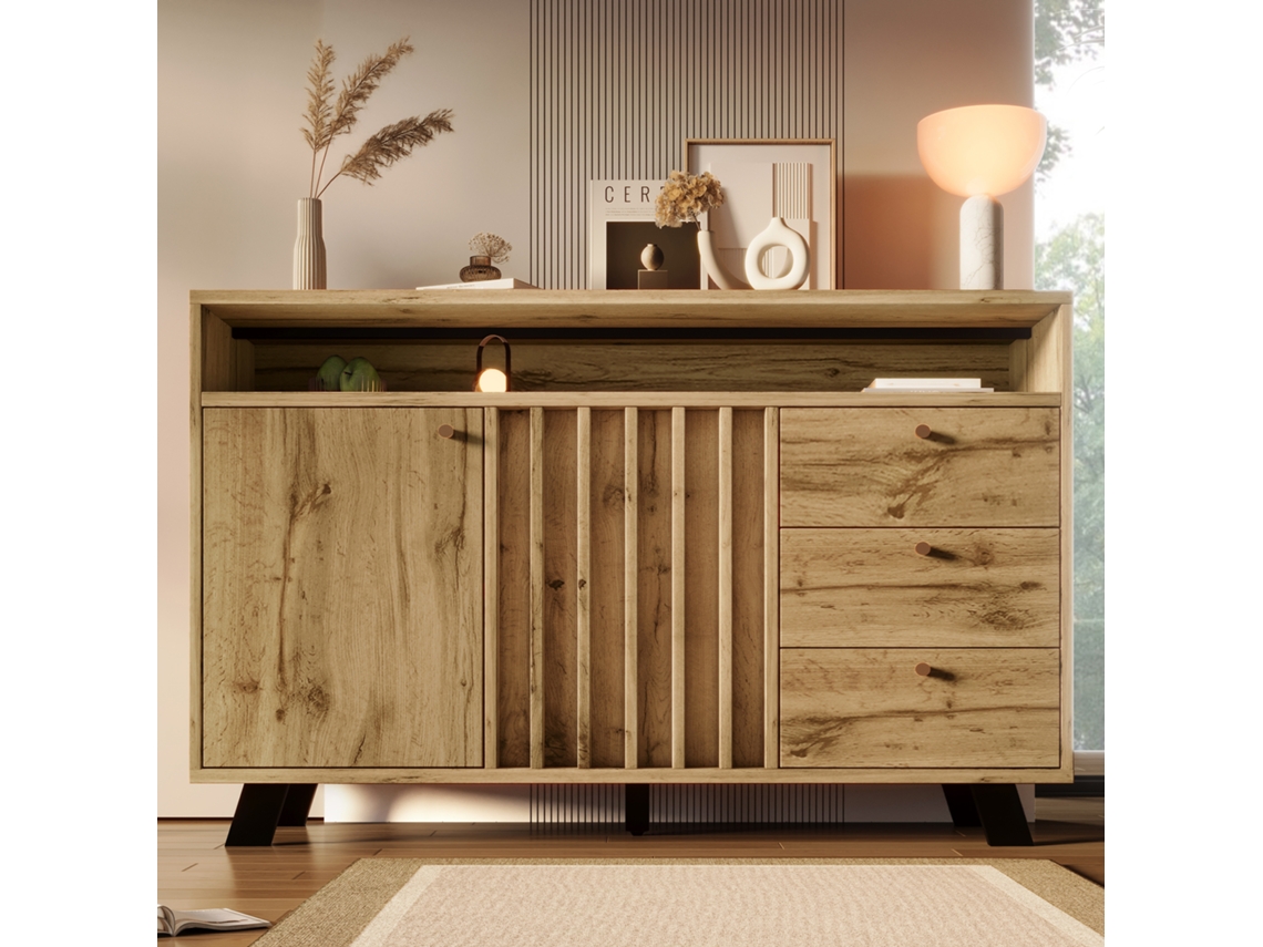 Aparador 120x40x85 Cm - 3 Cajones, 2 Puertas, Estante Abierto, Estilo Vintage - Roble Oscuro