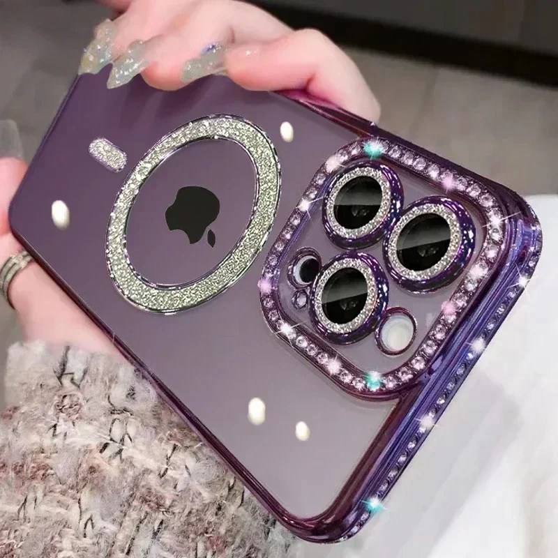 (iphone 15 Plus, Morado Oscuro) Funda Transparente Y Brillante Para Iphone, Compatible Con La Carga Inalámbrica Magnética Magsafe.