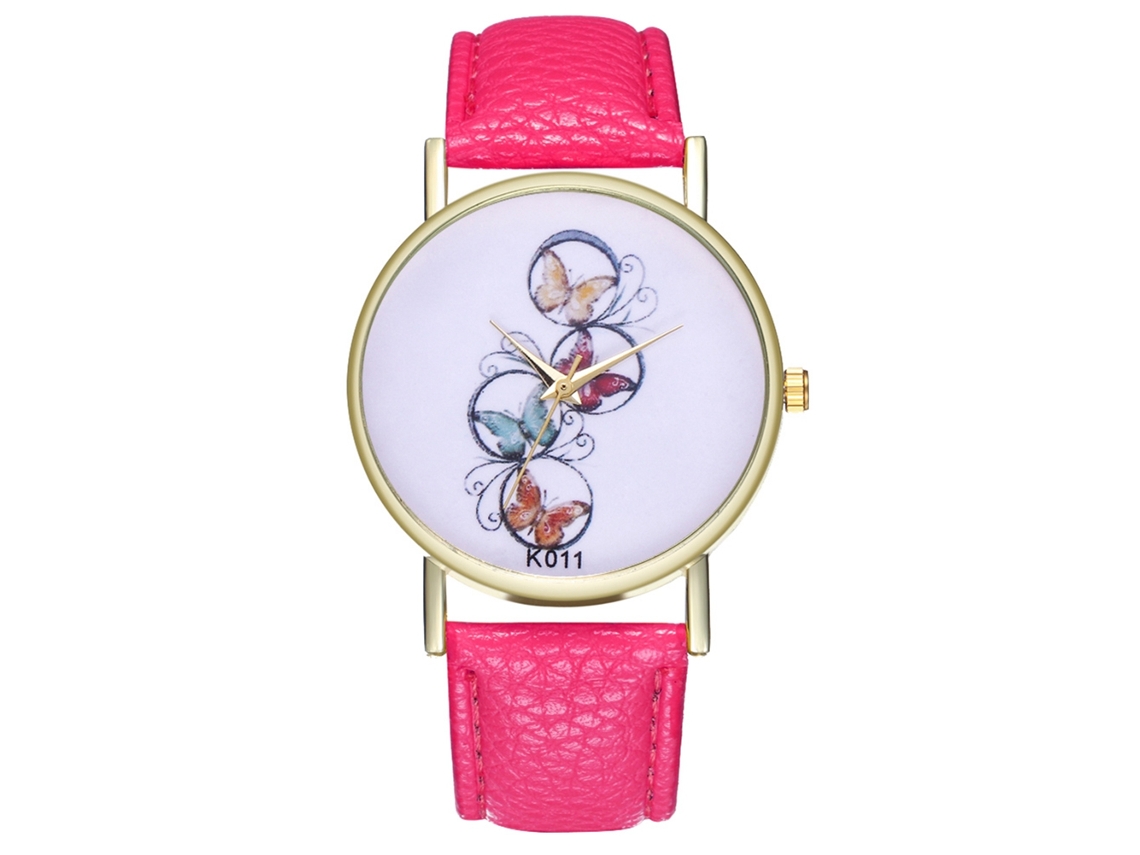 Reloj De Pulsera Unisex De Cuarzo Con Correa De Piel Sintética Con Estampado De Mariposas (rosa Y Rojo).