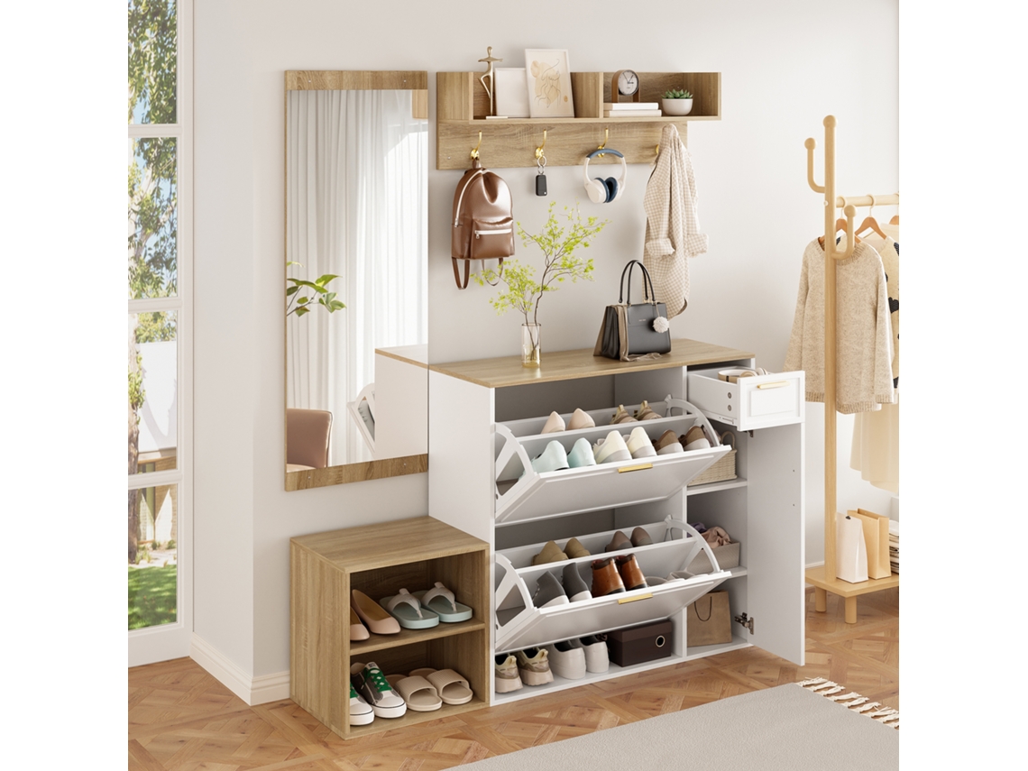 Conjunto De Recibidor 139,5x35x166 Cm - Con Zapatero, Banco, Perchero De Pared Y Espejo - Natural+blanco
